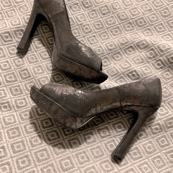 Metallic Pewter Peep Toe Heels - Picture 3 of 12
